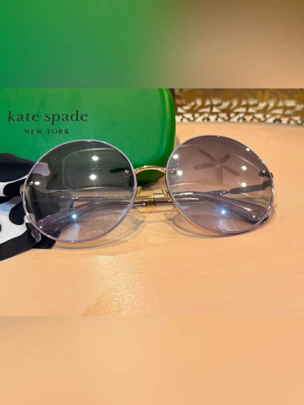 Kate Spade ABIA/F/S8079O Round Sunglasses Gold Glitter Frame Gray Gradient Lens.